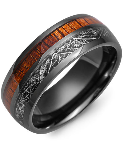 Men's Dome Black Meteorite Koa Wood Ceramic Wedding Ring