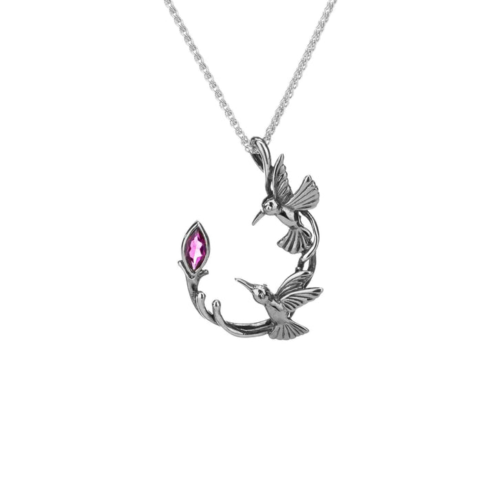 Silver Double Hummingbird Pendant-Rhodolite