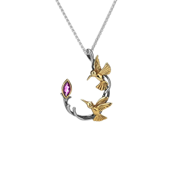 Silver and 10k Gold Double Hummingbird Pendant - Rhodolite