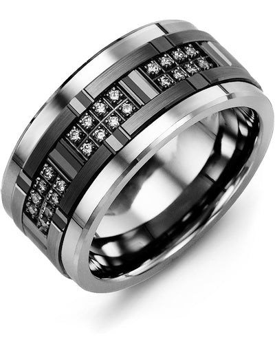 Men's All Black Wide Grooved Diamond Wedding Ring