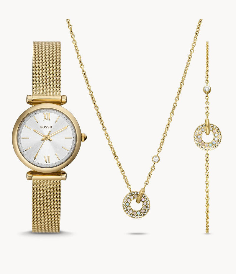 Carlie Three-Hand Gold-Tone Stainless Steel Mesh Watch and Jewellery Set