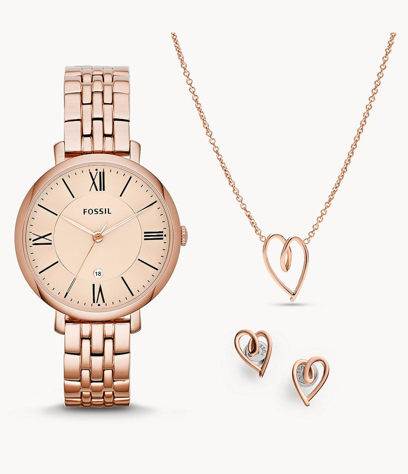 Jacqueline Three-Hand Date Rose Gold-Tone Stainless Steel Watch and Jewellery Set