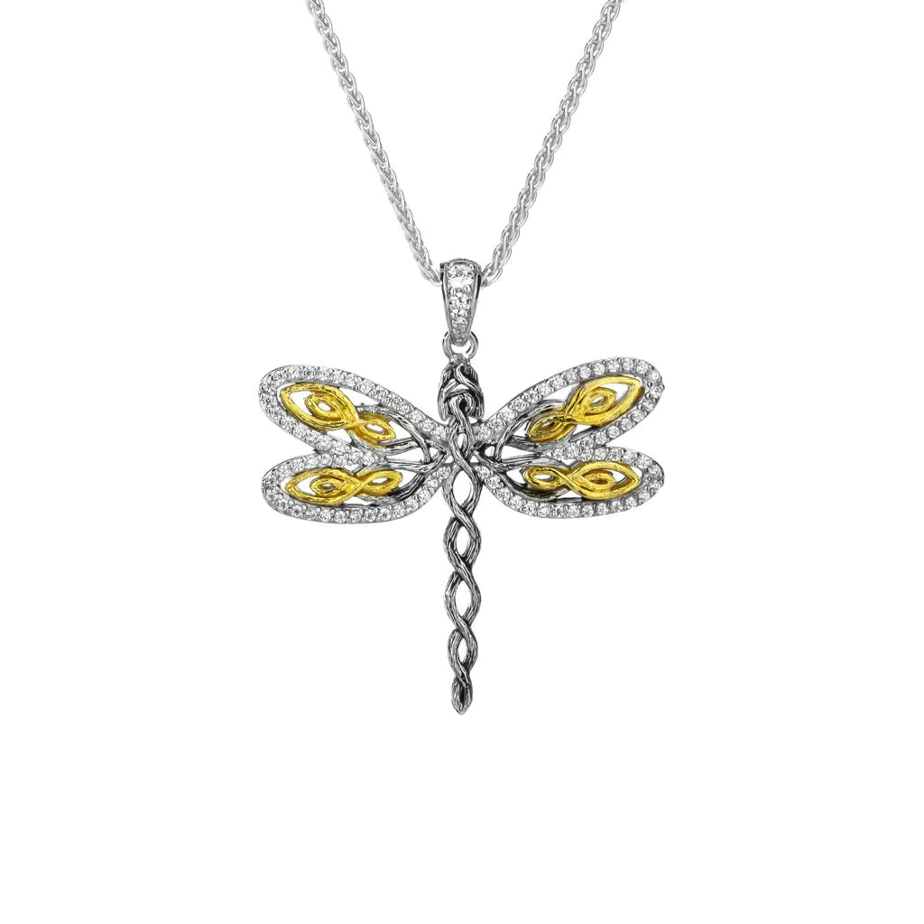 Silver and 10k Yellow Gold Dragonfly Pendant-Zirconia